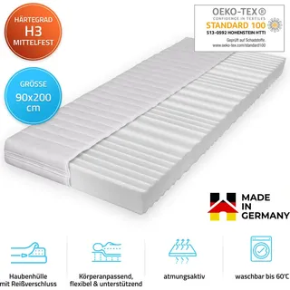 HOME DELUXE - Matratze Ortho-Basic- 90 x 200 cm - Komfortschaum, beidseitig nutzbar, 7 Liegezonen - atmungsaktiv, waschbar, 16cm Gesamthöhe - Weiß