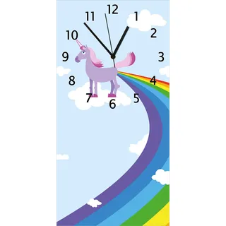 Wallario Design Wanduhr Einhorn mit Regenbogen aus dem Hintern aus Echtglas, Größe 30 x 60 cm - Blau
