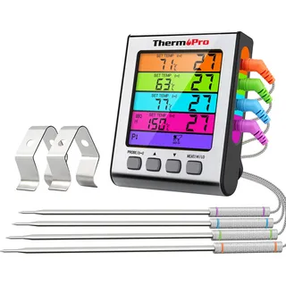 ThermoPro TP17H Digitales Grill-Thermometer Bratenthermometer Fleischthermometer Ofenthermometer mit 4 Edelstahlsonden, Blaue Hinterbeleuchtung, Weinthermometer Temperaturbereich bis 300°C