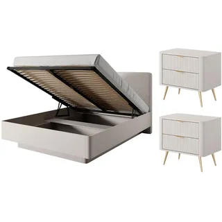 Feldmann-Wohnen Schlafzimmer-Set Lante beige 3-teilig mit Holz-Lattenrahmen , Beige , 2 Fächer , 4 Schubladen , Rechteckig , 160x200 cm , Schlafzimmer, Betten