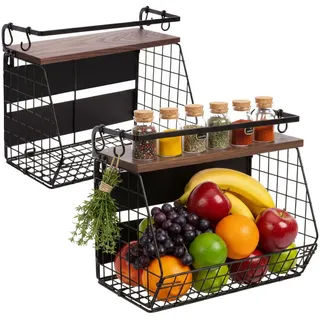 Relaxdays 2Xobstkorb Wandregal , Schwarz, Braun , Metall, Holz, Kunststoff , 30 cm , Geschirr, Schalen & Schüsseln, Obstschalen