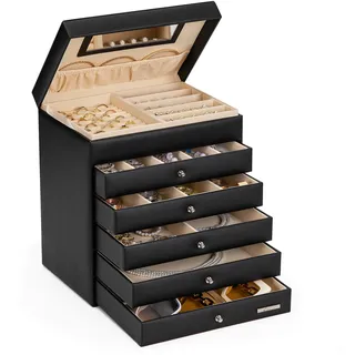 Yorbay Schmuckkoffer Seelux Serie Schmuckkasten mit Spiegel, 5 Schubladen (Schwarz)