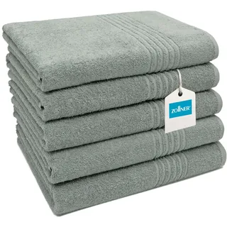 ZOLLNER 5er Set Duschtücher in 70x140 cm - saugstarke Handtücher in grau - mit praktischem Aufhänger - mit edler Streifenbordüre - waschbar bis 60°C - Baumwolle - Hotelqualität