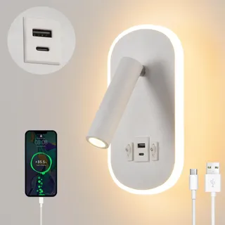 LED leselampe,wandlampe mit schalter,USB + TYPE C Ladeanschluss Wandleuchte,3W 3000K+9W 6000K Beleuchtung wand Leselicht,Schwenkbar Bettlampe,Lampe innen,Schlafzimmer Hotels Nachttischlampe Weiß