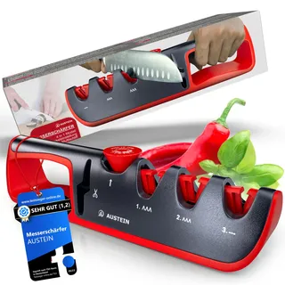 AUSTEIN Messerschärfer QuickSharp 4-in-1, Messerschleifer, Messer schärfen und schleifen wie die Profis (Rot)