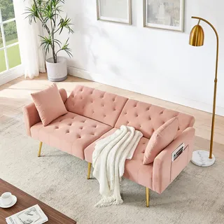 Ball & Cast Klappsofa, kleines Schlafsofa mit Schlaffunktion aus Samtstoff, 3-Fach verstellbare Winkel, praktische Mini-Couch für Wohnungen und Wohnzimmer, Rosa