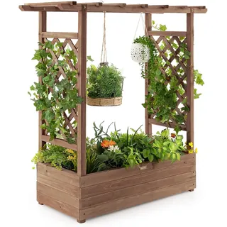 FANTASK Hochbeet mit Rankgitter & hängendem Dach, Pflanzkasten mit Rankhilfe, Blumenkasten für Kletterpflanzen & hängende Körbe, Braun