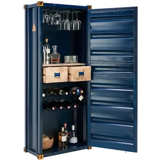 Ambia Home Barschrank , Blau, Goldfarben , Metall , Mangoholz , Hartholz , Vintage , 1 Fächer , 2 Schubladen , 73x176x41 cm , stehend, handgemacht , Esszimmer, Barmöbel, Barschränke & Theken