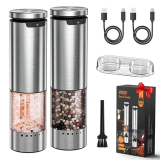 VOXON Salz und Pfeffermühle Elektrische 2er Set mit USB Wiederaufladbarer | Große Kapazität Gewürzmühle Elektrisch, 6 Stufen Einstellbarer Grobheit, Keramikmahlwerk, LED-Licht, für BBQ Restaurant Küche