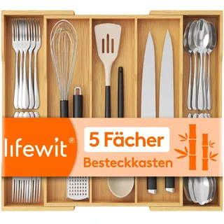 Lifewit Besteckkasten für Schubladen 3-5 Fächer, Bambus Besteckeinsätze für die Küche, Erweiterbares Küchenzubehör bis zu 57 cm Breite, Besteckeinsatz für Schubladen Holz, Naturfarbe