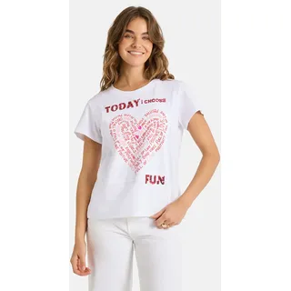 T-Shirt LIEBLINGSSTÜCK "CleoL", Damen, Gr. XS, weiß (sanftes weiß), Single Jersey, Obermaterial: 100% Baumwolle, bedruckt, gemustert, mehrfarbig, regular fit hüftlang, Rundhals, Shirts T-Shirt, mit Print & Paillettenbesatz vorn