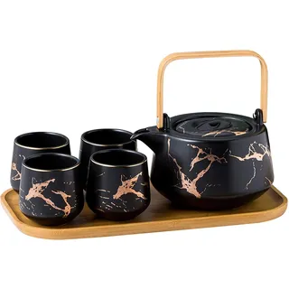 KKGUD Japanischer Stil, Keramik-Teeset, elegante Teekanne und 4 Teetassen mit Holztablett für Nachmittagstee, Heimdekoration, Restaurant, Teeparty, Marmor-Muster (schwarz)