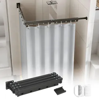 Faltbare Duschvorhangstange mit Duschvorhang, Duschvorhangstange ohne Bohren, Duschvorhang mit Stange, Wasserdicht L/U Form Duschstange für Ecke/Badewanne (Schwarz, 4 faltbar)