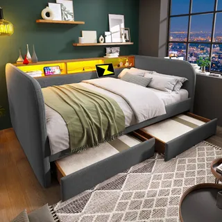 MODFU ,Polsterbett,Schlafsofa,Polsterbett Tagesbett 140x190 cm, mit LED und USB-C Ladefunktion,mit 2 Schubladen Stauraum im Kopfteil, Leinen, Grau (Ohne Matratze) - Grau