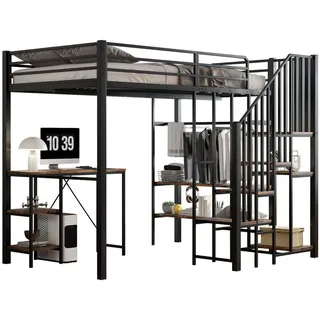 Redom Etagenbett 120/200 cm mit Schreibtisch, Regal, offenem Kleiderschrank und Eckleiter, Schwarz , Holzwerkstoff , 120x200 cm , Babymöbel & Kindermöbel, Kinderzimmer & Jugendzimmer, Stockbetten