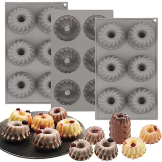 Sinsanye 3 Stück Mini Gugelhupfform Silikon, 6 Mulden Gugelhupfform KleinLebensmittelqualität Wiederverwendbare, Mini Backform Gugelhupf für Kuchen Dessert Schokolade Pudding Gelee - Grau