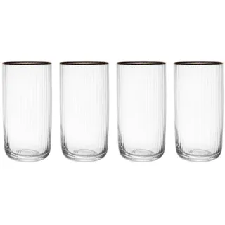 MIKASA Sorrento Ridged Crystal Highball Gläser mit Goldrand und breiter Form, 375ml, 4er-Set bleifrei, klare edle Gläser, elegantes Design für Feiern