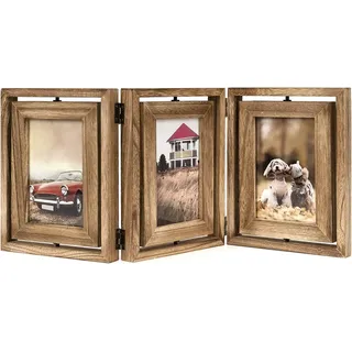 Emfogoo Bilderrahmen 10x15, Rustikal Holz 3 Falten Fotorahmen mit Doppelseitigem Display Drehbar Bilderrahmen Collage Vertikal auf der Tischplatte (Braun)