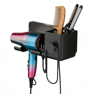 Kaiyzo Föhnhalterung Bad Ohne Bohren Fönhalter Wandmontage zum Kleben mit 2 Fächern Badezimmer Organizer Haartrocknerhalter für Bad Barbershop Hotel Bad Accessoires Badezimmer Regal 23 x 9 cm