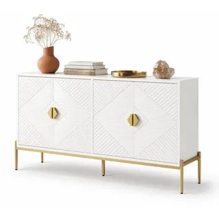 Stilvora Sideboard in Weiß und Gold Anrichte mit 4 Türen und Metallgriffen für Wohnzimmer, Flur und Esszimmer, B162/T40/H80 cm , Rechteckig,Rechteckig , konisch , 162x80x40 cm , Kleinmöbel, Kommoden, Sideboards