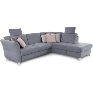 CAVADORE Ecksofa Trend / Skandinavische Eckcouch mit Federkern, Ottomane und 2 Kopfstützen / 252 x 86 x 213 / Chenille, Hellblau