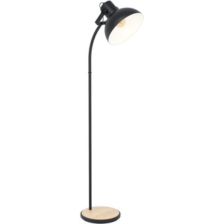 EGLO Stehlampe Lubenham, Vintage Stehleuchte im Industrial Design, Retro Standlampe aus Stahl und Holz, Farbe Schwarz, braun, Fassung E27, FSC zertifiziert, inkl. Trittschalter