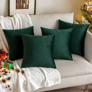 MIULEE Weihnachten Samt Kissenbezug 50x50 cm Kissenhülle Dunkelgrün 4er Set Sofakissen Samtkissen Dekorative Dekokissen Couchkissen Zierkissen Bezug Sofakissenbezug für Wohnzimmer Schlafzimmer Büro