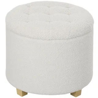HOMCOM Sitzhocker mit Stauraum, Kleiner Hocker mit Deckel, Runder Fußhocker mit Holzbeinen, Teddy-Fleeceoptik, Polsterhocker für Wohnzimmer Schlafzimmer, 45 x 45 x 41 cm, Weiß