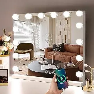 Schminkspiegel mit Beleuchtung Hollywood Spiegel, Vanity Mirror mit 15 LED Klein Kosmetikspiegel mit Licht Drehung Tischspiegel 3 Modi Schminktischspiegel, Touch Control, 50x40 CM (Weiß, 5040)
