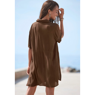 Longbluse LASCANA, Damen, Gr. 38, braun, Crêpe, Obermaterial: 100% Viskose, unifarben, figurumspielend kurz, mit Aufschlag, Blusen Longbluse, mit Knopfleiste, Kurzarmbluse, Blusenkleid, sommerlich