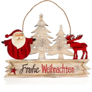 com-four® Hängedeko Weihnachten - Holz-Aufhänger Schriftzug mit Santa Claus und Elch - Türschild Frohe Weihnachten aus Holz für Tür, Fenster oder Wand (Santa im Wald)