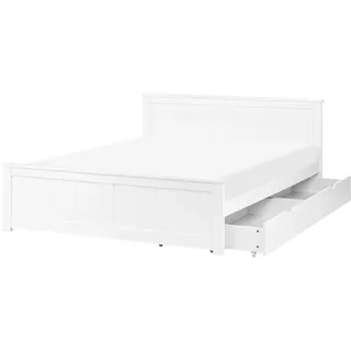 BELIANI Doppelbett Weiß Kiefernholz mit Stauraum 2 Schubladen Lattenrost 140 x 200 cm Fußteil Hohes Kopfteil Schlicht Modern Skandi Design Holzbett - Weiß