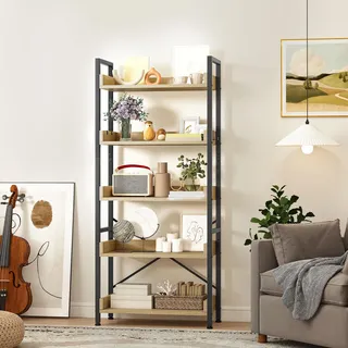DWVO Hohes Bücherregal mit 5 Ebenen, bodenstehendes industrielles 64 cm breit, 160 cm hoch, großes Holzregal und Metallregal für Wohnzimmer, Zuhause, in Eichenfarbe