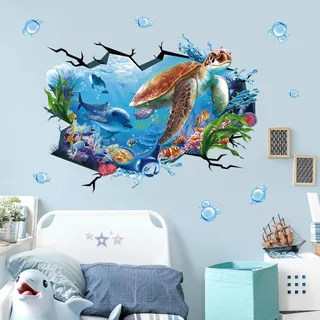 wondever Wandtattoo Meeresschildkröte Groß Unter dem Meer Wandaufkleber Unterwasserwelt 3D Delphin Tropischer Fisch Ozean Wandsticker Wanddeko für Kinderzimmer Babyzimmer Badezimmer