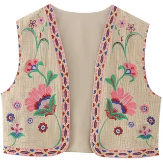 Vintage Weste Jacke Damen Kurze äRmellos Ethnisch 2025ickte Traditioneller V-Ausschnitt Boho Westen FüR Frauen Patchwork HäKel Cardigan Sommerweste LäSsige ,XS-XL