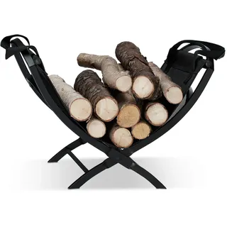 Relaxdays Kaminholzkorb mit Tragetasche, faltbar, aus Stahl, faltbar, Zeitungshalter, HxBxT: 32 x 43,5 x 32 cm, schwarz