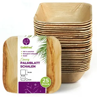 GoBeTree 25 Palmblatt Schalen Quadratisch 14x14 cm Tief, Einweg Schälchen | Stabile Tiefe Schälchen für Dips, Saucen und Snacks, Mikrowellen- und Gefriergeeignet, Ähnlich Bambus, für Feste