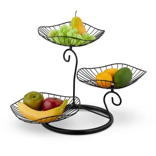 Relaxdays Etagere, 3 stöckig, Metall, HBT: 34x49x31,5 cm, Lotusblatt-Design, Früchtekorb für Obst & Gebäck, schwarz