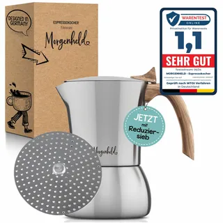 Morgenheld FLOW Premium Edelstahl Espressokocher mit Reduziersieb für 2 bis 4 Tassen 200ml - Espressomaker induktionsgeeignet - Espressokanne mit Reduziereinsatz für Induktion und Gasherd