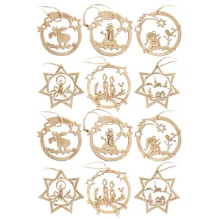 com-four® 12x Tannenbaumschmuck Holz-Anhänger Set, Weihnachtsbaumschmuck | Christbaumschmuck sternförmig und im Kugel-Design