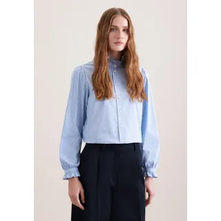 Rüschenbluse SEIDENSTICKER, Damen, Gr. XL (42), hellblau, 76% Baumwolle, 22% Polyamid, 2% Elasthan, gestreift, regular fit, Blusen Rüschenbluse, 1/1 Stehkragen Gestreift