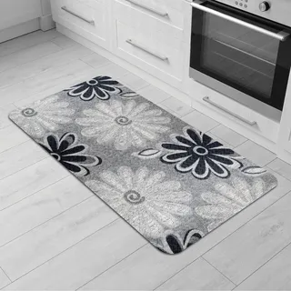 Comart - Küchenteppich Malaga - Läufer 100% PVC - Schmutzabweisend - rutschfest - Wasserdicht - Maschinenwaschbarer Teppich - Moderner Flur für Küche und Flur - Schwarze Blumen - 55 x 100 cm