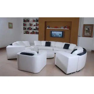 Wohnlandschaft Rund Ecksofa Leder Runde Couch Garnitur Sofa Couch Ecke + Sessel - Weiß