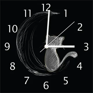 Wallario Design Wanduhr Katze sitzt auf dem Mond - illustriert in weiß auf schwarz aus Echtglas, Größe 30 x 30 cm - Gelb