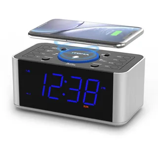 iTOMA Radiowecker Kabelloses Laden, Snooze, Digitales UKW-Radio mit Bluetooth Dual Alarm, Dimmer LED Anzeige, Nicht tickende Uhr 206