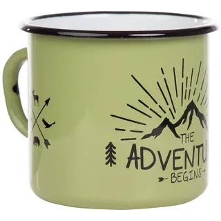 MUGSY Emaille Tasse, The Adventure Begins, 330 ml, Camping Tasse, Camping Ausrüstung, Retro Design, grün