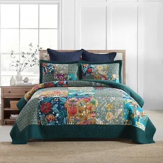 Autumn Dream Baumwoll-Tagesdecke, Steppdecke, wendbar, Bettdecke, Vintage-Blumenmuster, Patchwork, türkis, King-Size-Bett