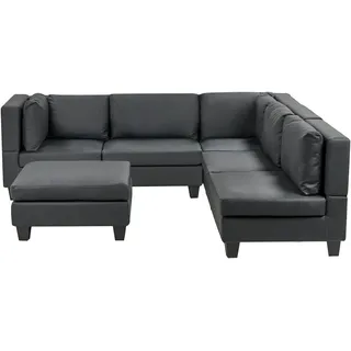 BELIANI 5-Sitzer Ecksofa Linksseitig Schwarz Kunstleder mit Ottomane Kissen Schwarze Beine Modular Modern Modulsofa Wohnlandschaft Wohnzimmer - Schwarz