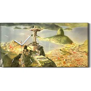 Wanduhr Uhr Wandbild Leinwand Quarz 60x30 Brasilien Rio Reiseposter Vintage - weiße Hände - Grün