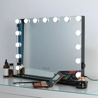 Dayu Hollywood Schminkspiegel mit 15 Beleuchtung LED Licht, 3 Farben dimmbarer Make-up Spiegel mit USB für Wandmontage Smart-Touch-Steuerung, 58 x 46 cm, Schwarz